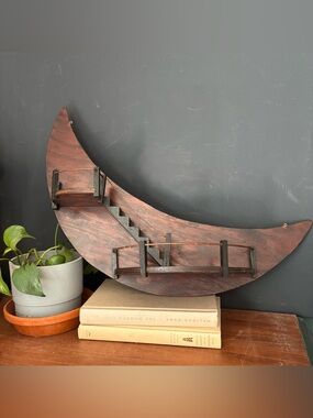 Vtg MCM Wooden Crescent Moon Stairway to Heaven Display Wall Shelf